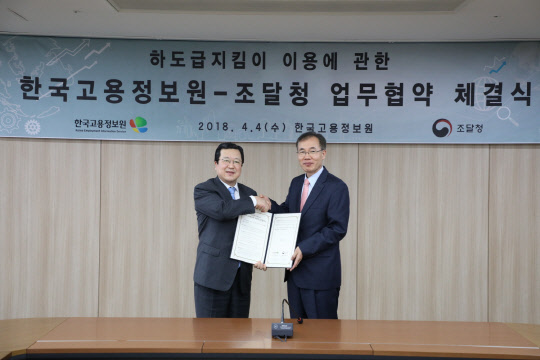 박춘섭 조달청장(왼쪽)과 이재흥 한국고용정보원장이 4일 하도급지킴이 이용에 관한 업무협약을 체결하고 기념촬영을 하고 있다.  조달청 제공